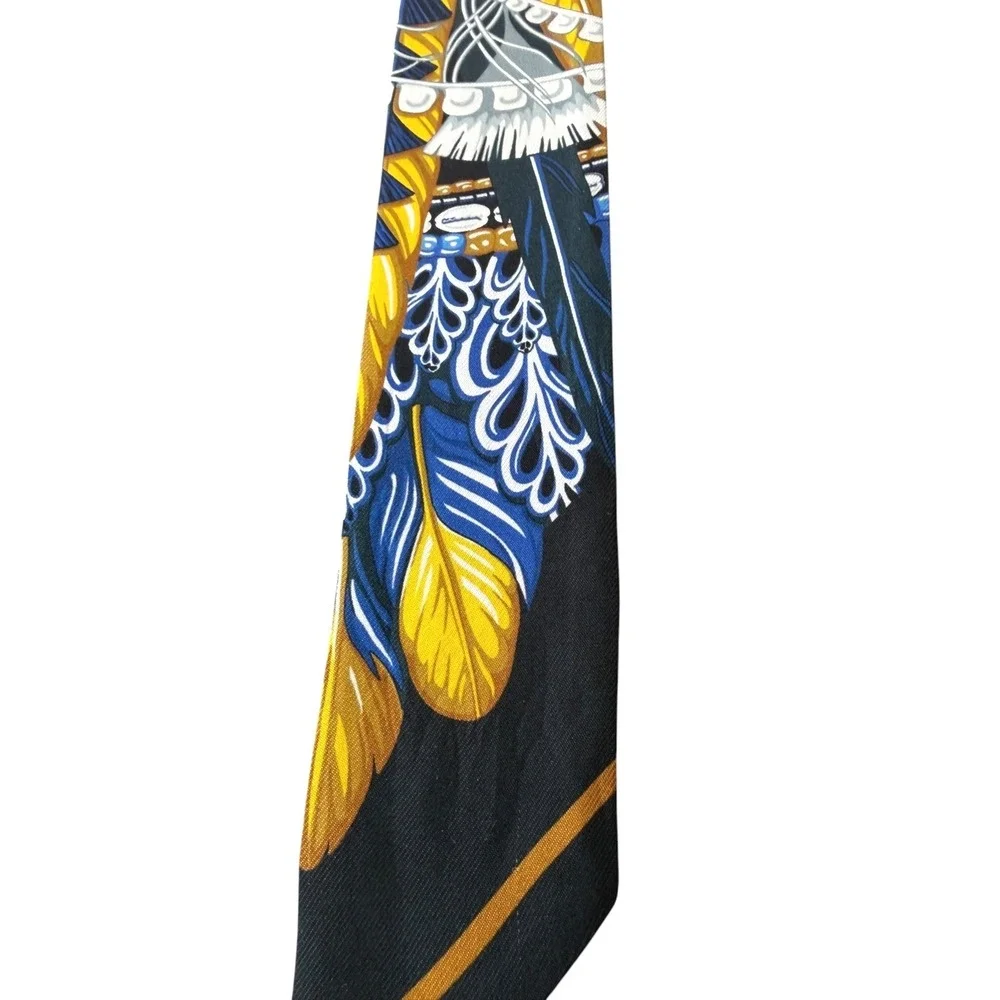 Hermes Silk Twilly Scarf Feathers Blue Gold Noir w/ Box Made in France - Picture 4 of 8
